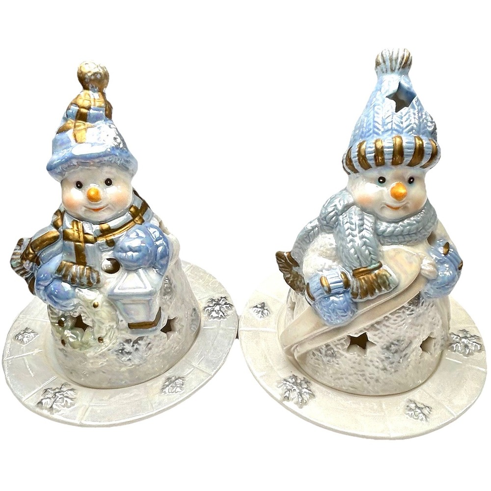 Vtg Design Inspirations 2 Snowman Tea Light Holder‎ Set Christmas 2002 Luminary